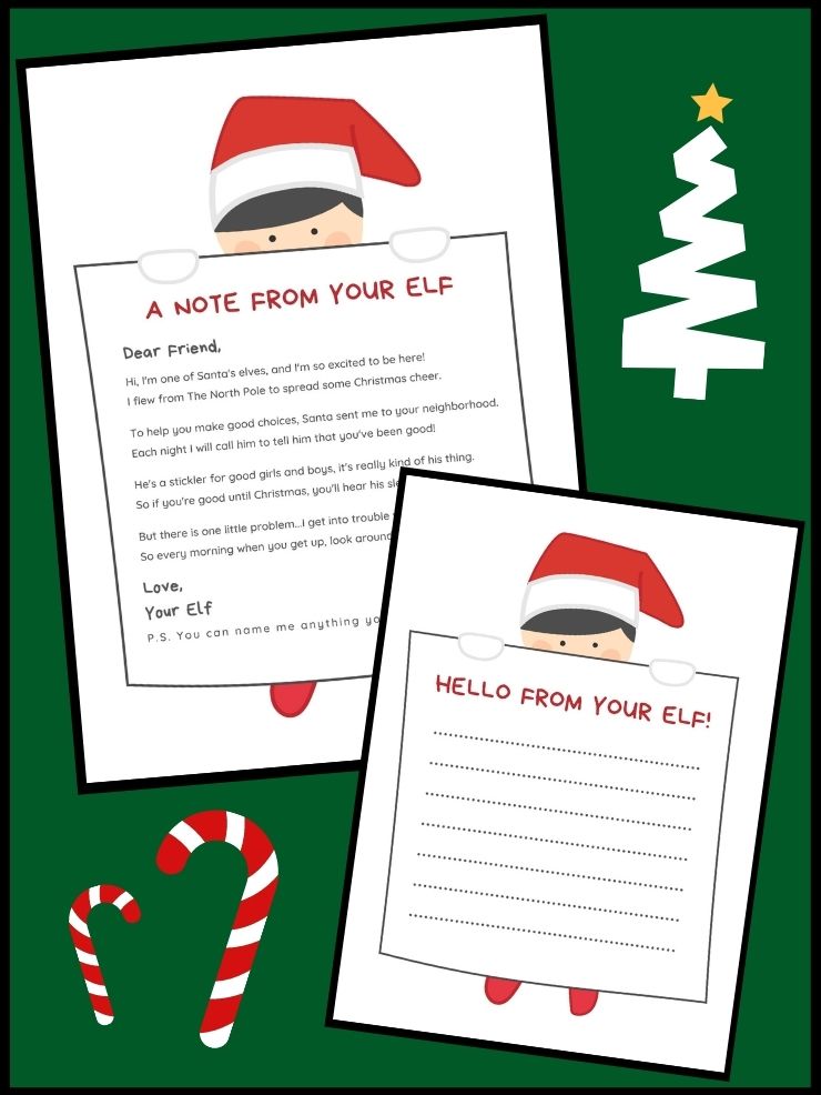 graphic with screenshots of printable elf on the shelf arrival letters