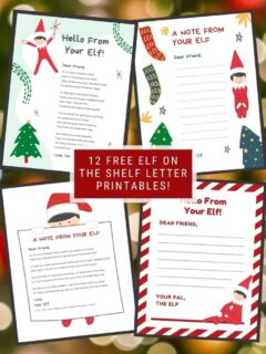 pinnable graphic that says 12 free elf on the shelf letter printables including screenshots of some of the printables