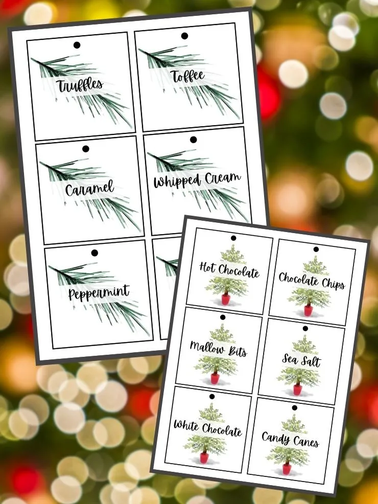graphic with screenshots of free printable hot chocolate labels
