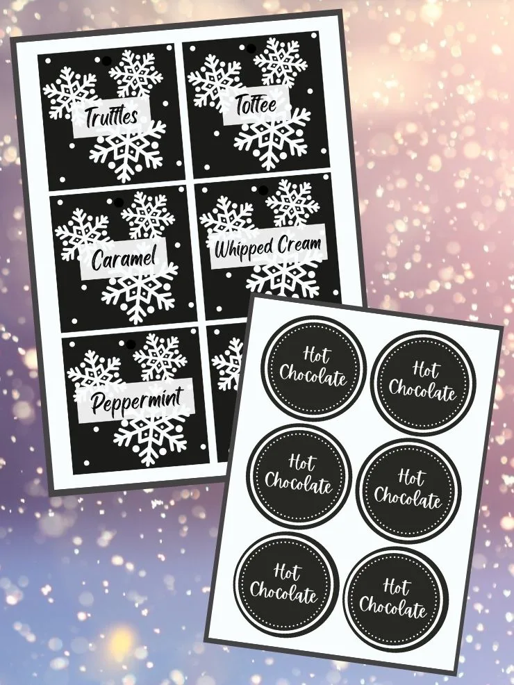 graphic with screenshots of free printable hot chocolate labels