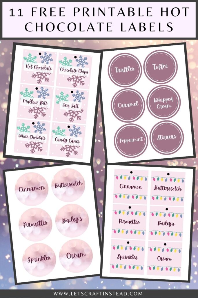 pinnable graphic with text that says 11 free printable hot chocolate labels including images of the labels