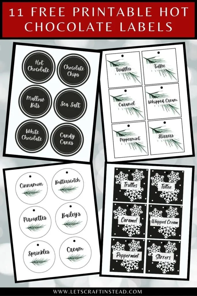 pinnable graphic with text that says 11 free printable hot chocolate labels including images of the labels