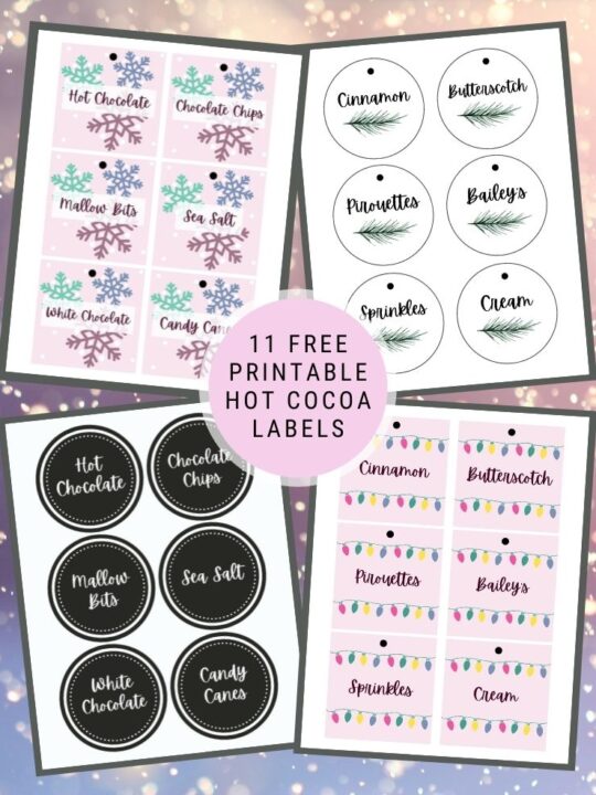 pinnable graphic with text that says 11 free printable hot cocoa labels including screenshots