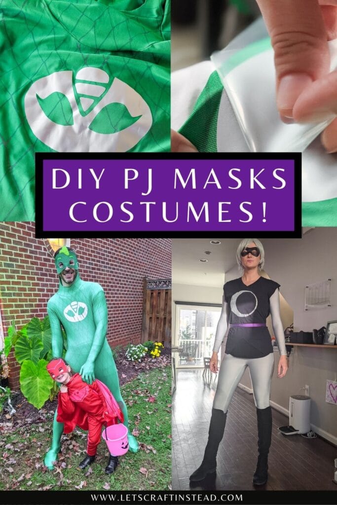 Pinnable graphic with text that says DIY PJ Masks costumes including images of the costumes