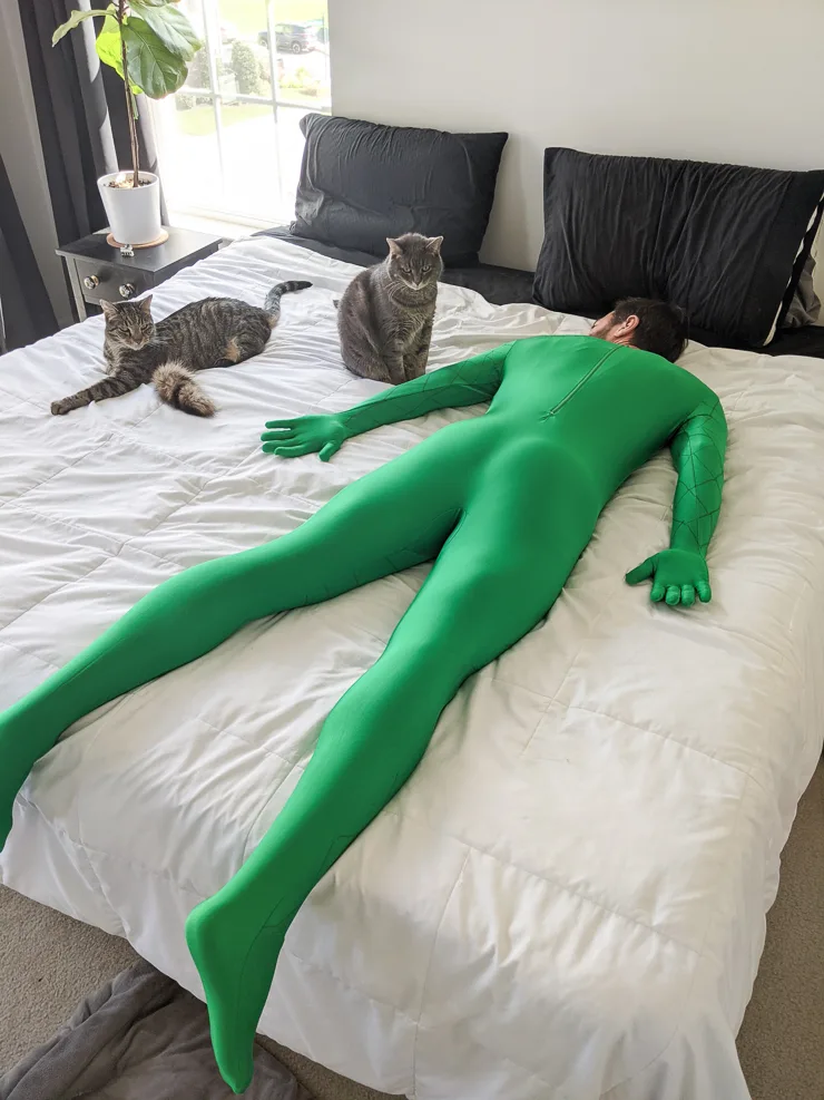 Man in a green suit with two cats