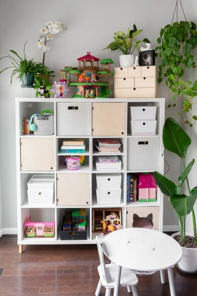 DIY playroom organization using an Ikea Kallax