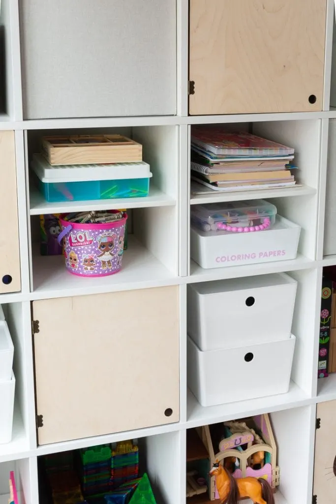 Ikea Kallax shelf inserts for playroom organization