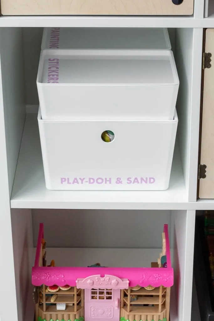 labels on Kuggis bins for playroom organization