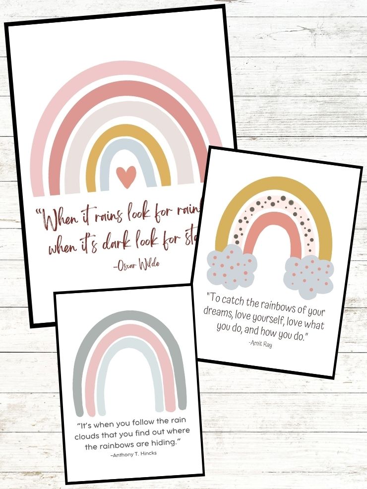 collage of three printables with rainbows on them and quotes about rainbows