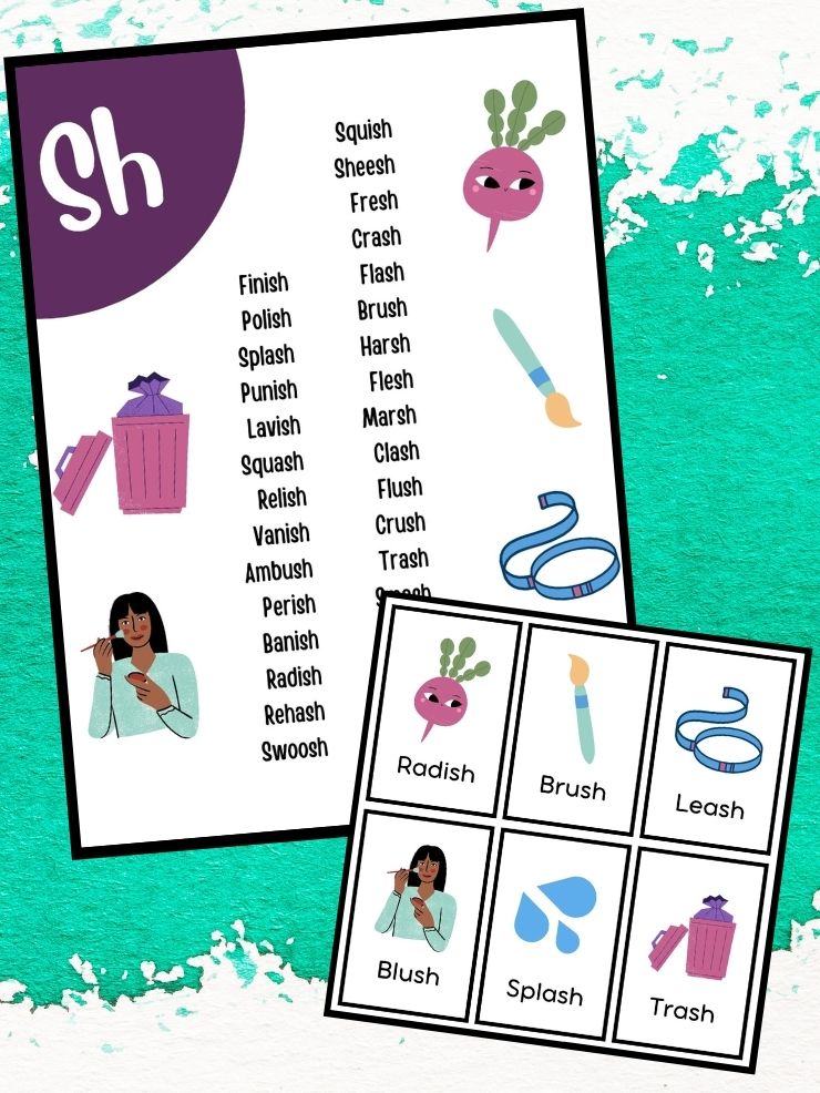 pinnable collage with images of printables with sh words for kids