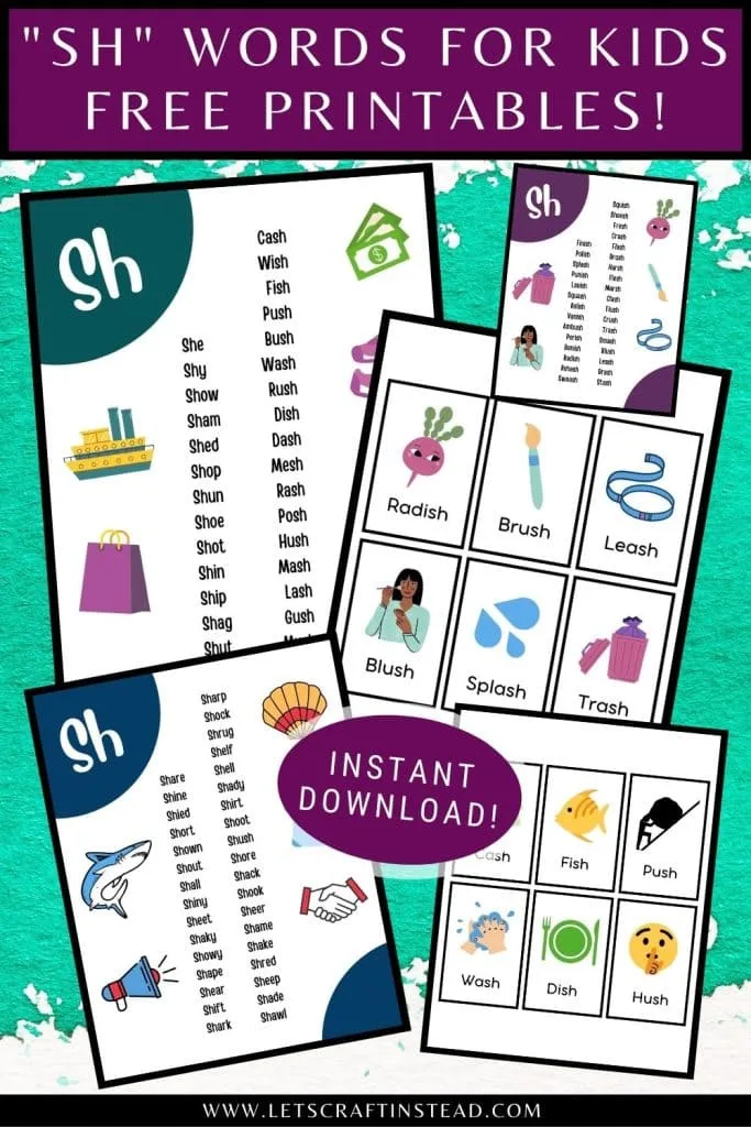 pinnable collage with images of printables with sh words for kids and text that says "SH words for kids free printables!"
