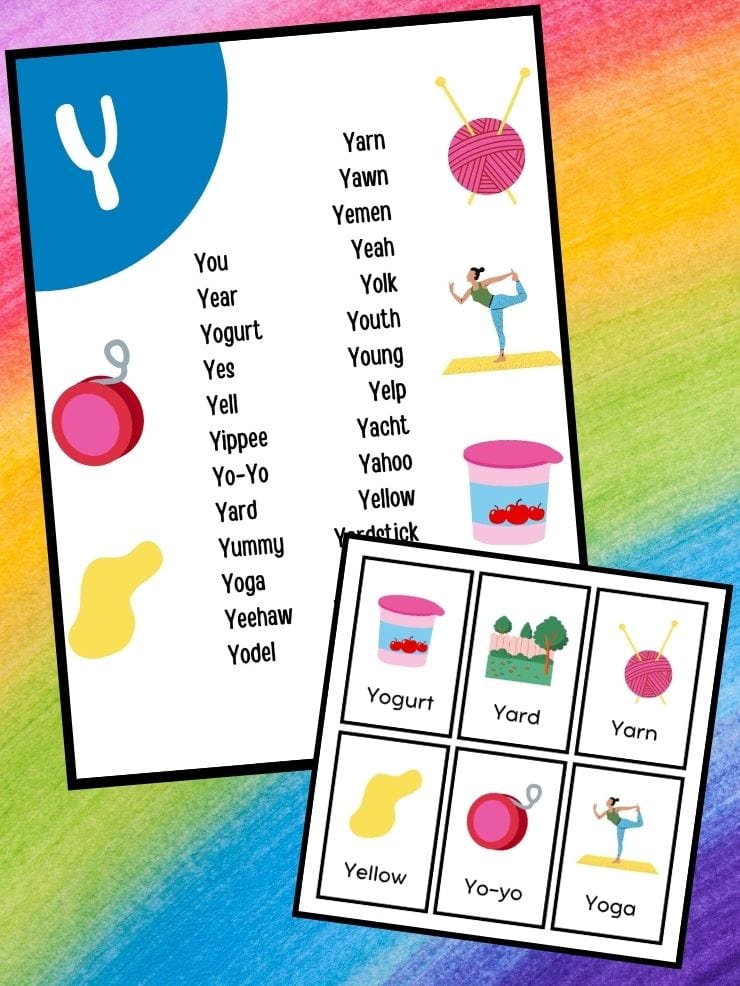 pinnable collage with pictures of Y words for kids