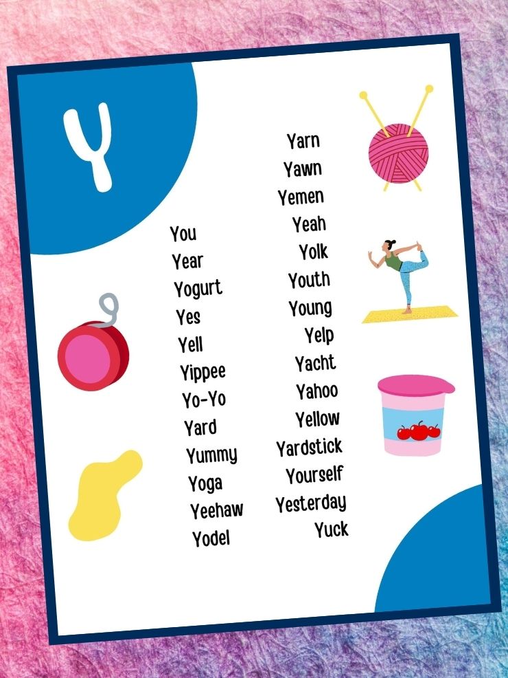 printable with Y words for the kids