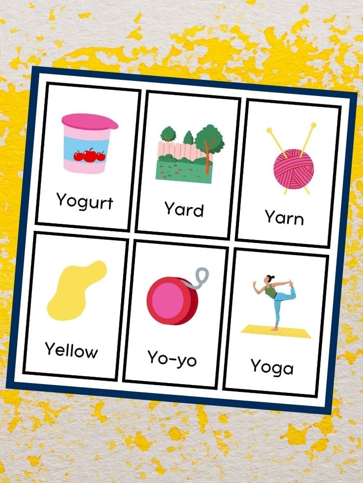 flashcards with pictures of Y words for kids