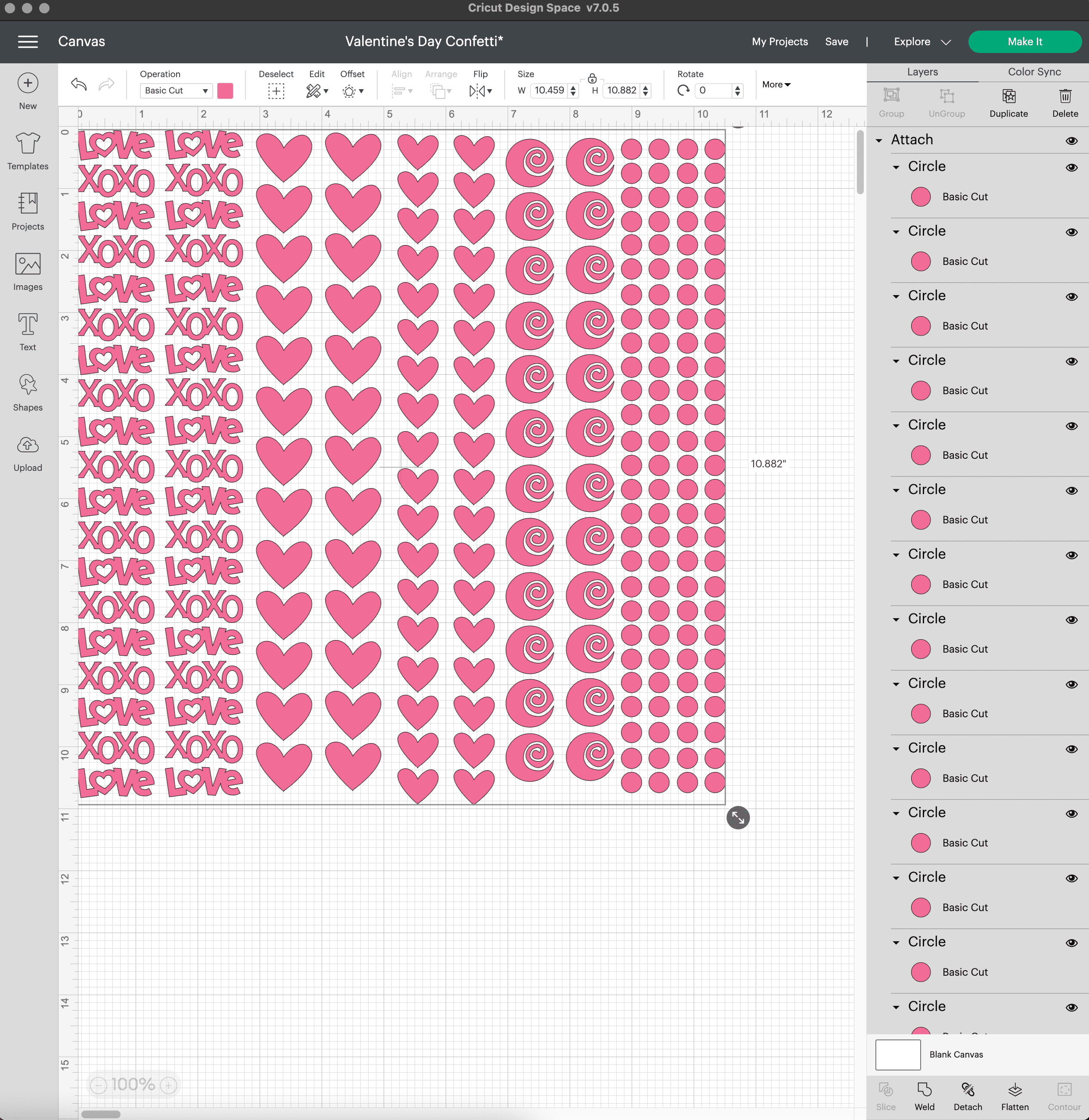 screenshot of the confetti shapes laid out in Cricut's Design Space