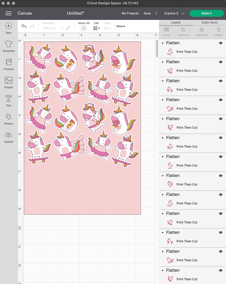 organizing flattened sticker images in design space