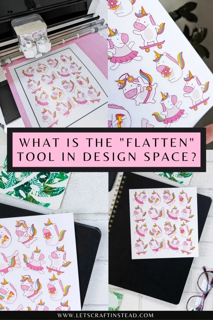 collage that says what is the flatten tool in design space including photos of unicorn stickers