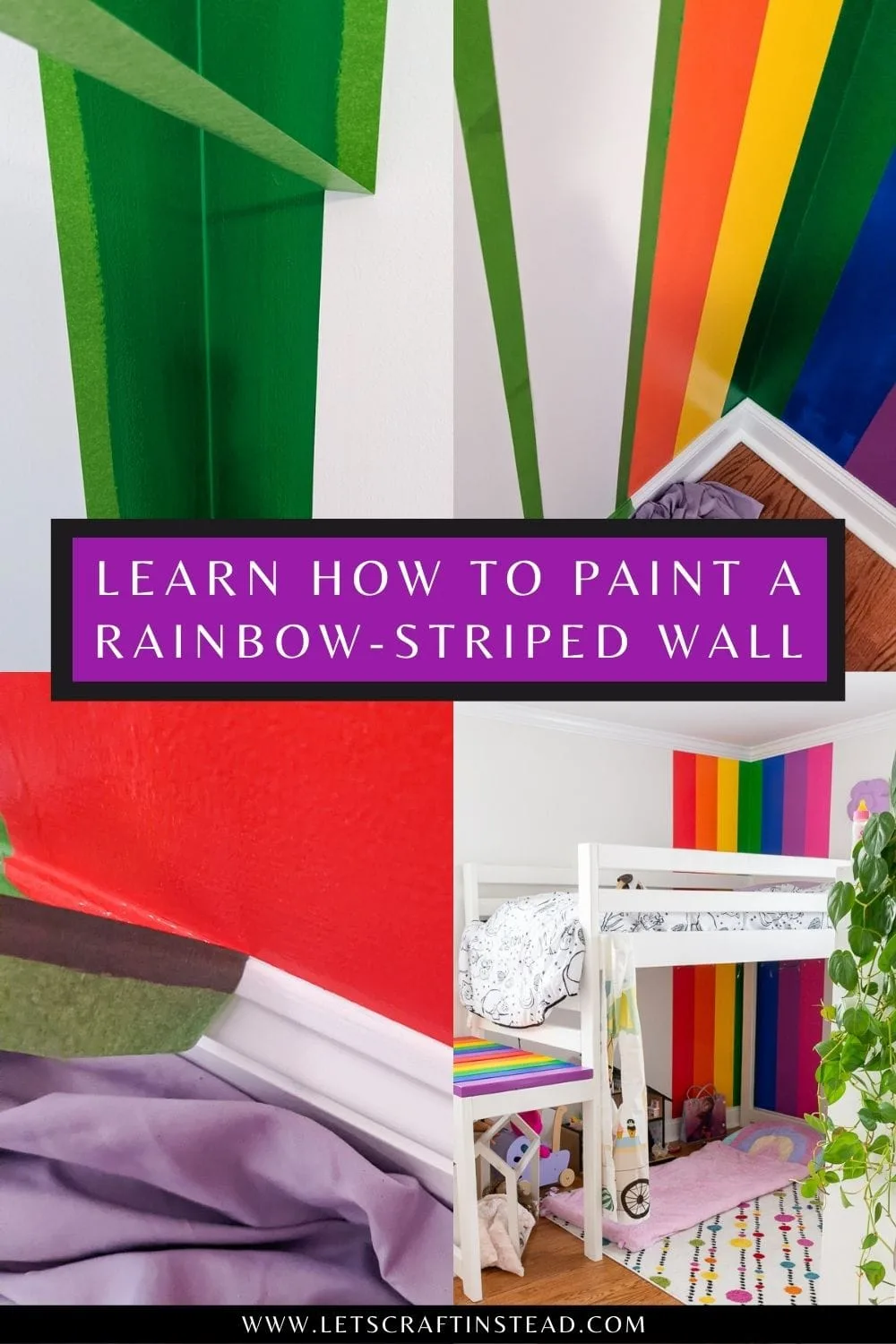 pinnable collage that says learn how to paint a rainbow striped wall with photos of the project