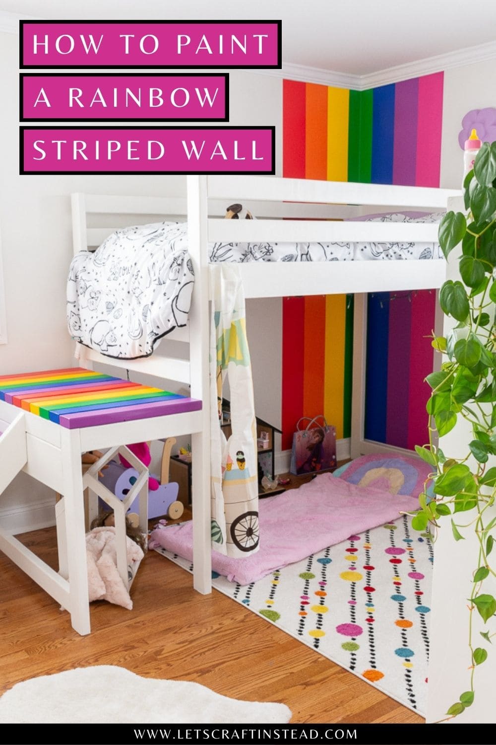 pinnable collage that says how to paint a rainbow striped wall with photos of the project