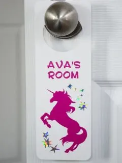 DIY door knob hanger with unicorn and text 