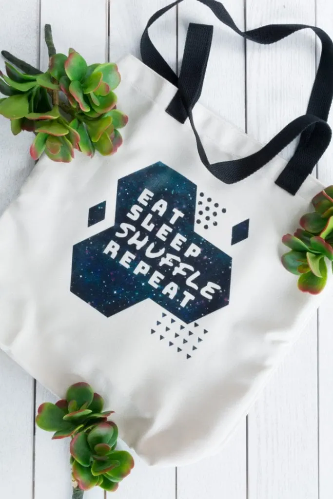 custom tote bag that says eat sleep shuffle repeat
