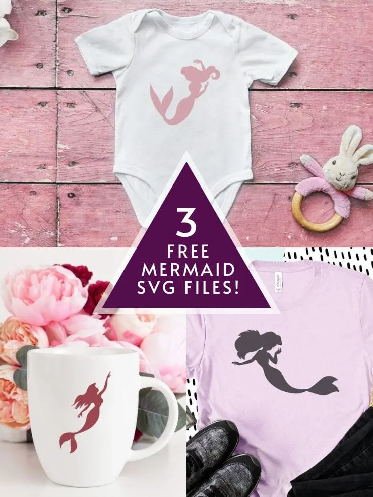 collage of items with mermaids on them and text overlay that says 3 free mermaid SVG files