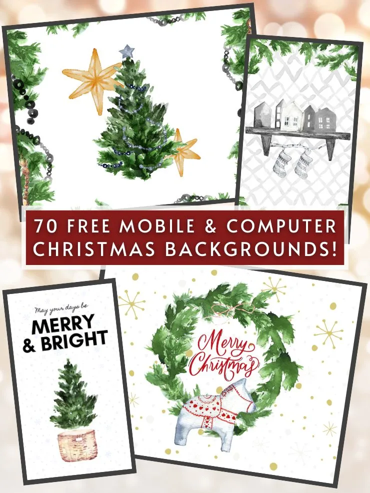 collage of cute Christmas wallpapers with text overlay that says 70 free mobile & computer Christmas backgrounds!