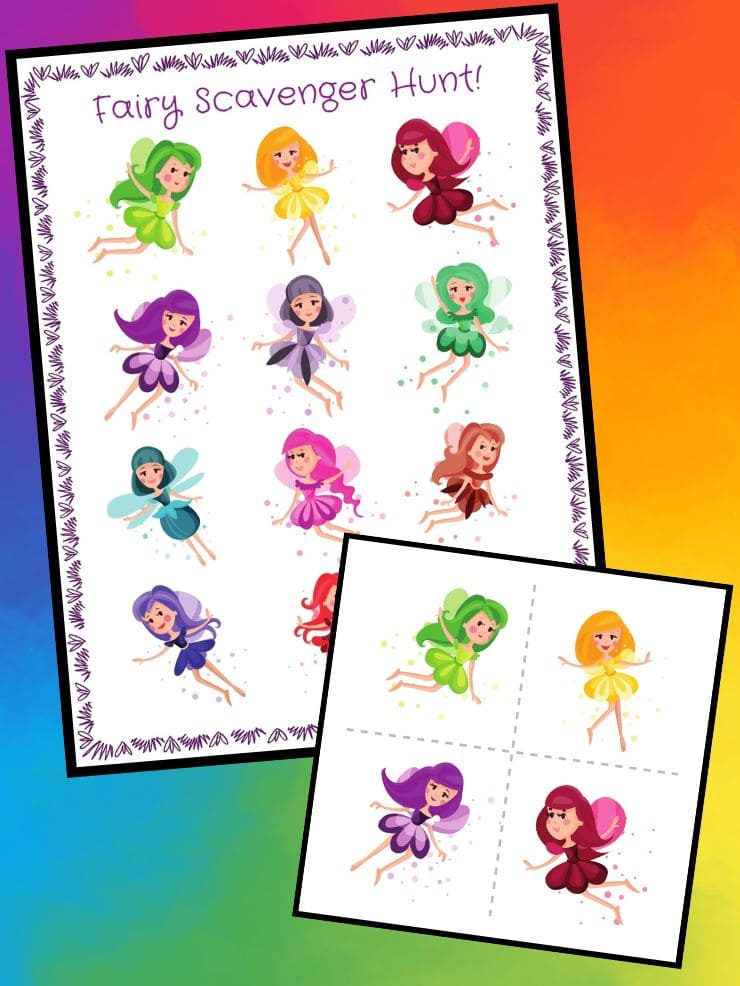 collage of printable indoor fairy scavenger hunt for kids