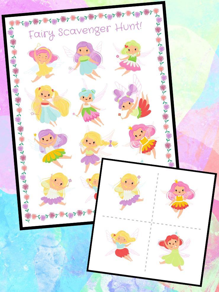 collage of printable indoor fairy scavenger hunt for kids