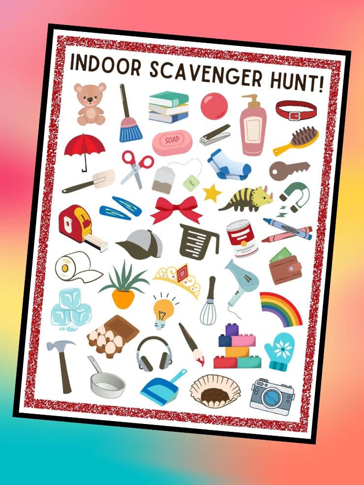 collage of a free printable indoor scavenger hunt for kids
