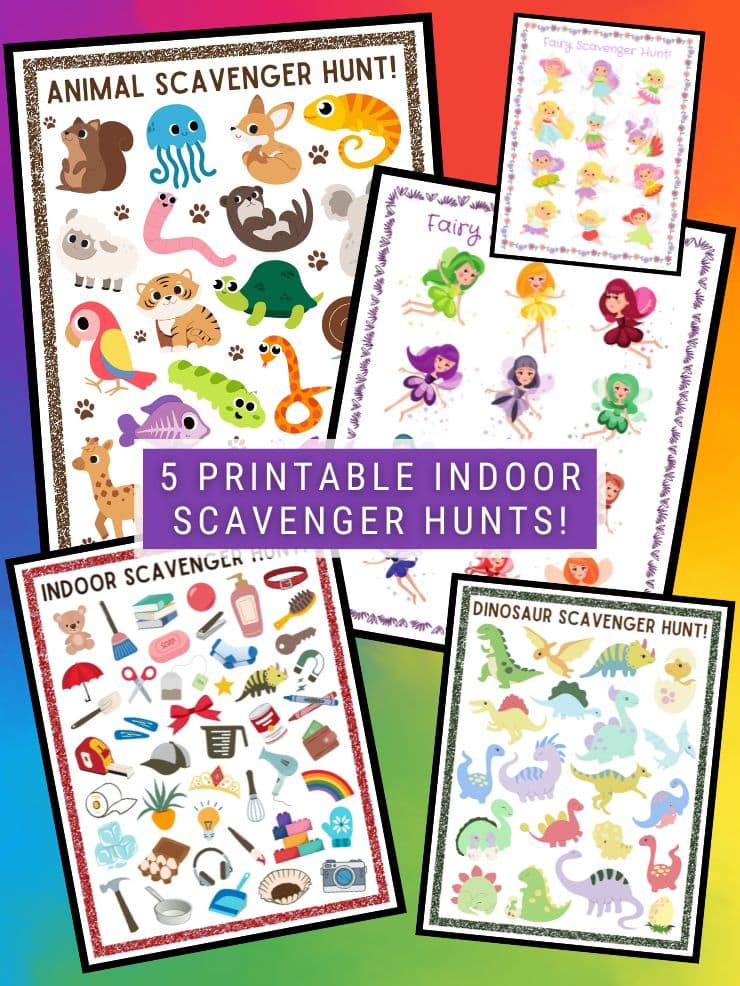 collage that says 5 printable indoor scavenger hunts! with images of the printables