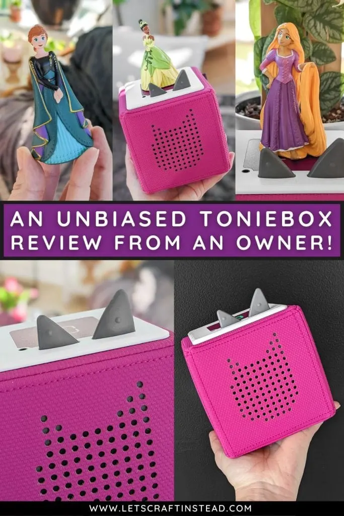 collage of Tonies and a pink Toniebox that says an unbiased toniebox review from an owner