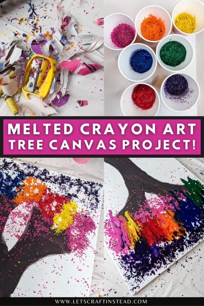 collage that says melted crayon art tree canvas projects with pictures of the process