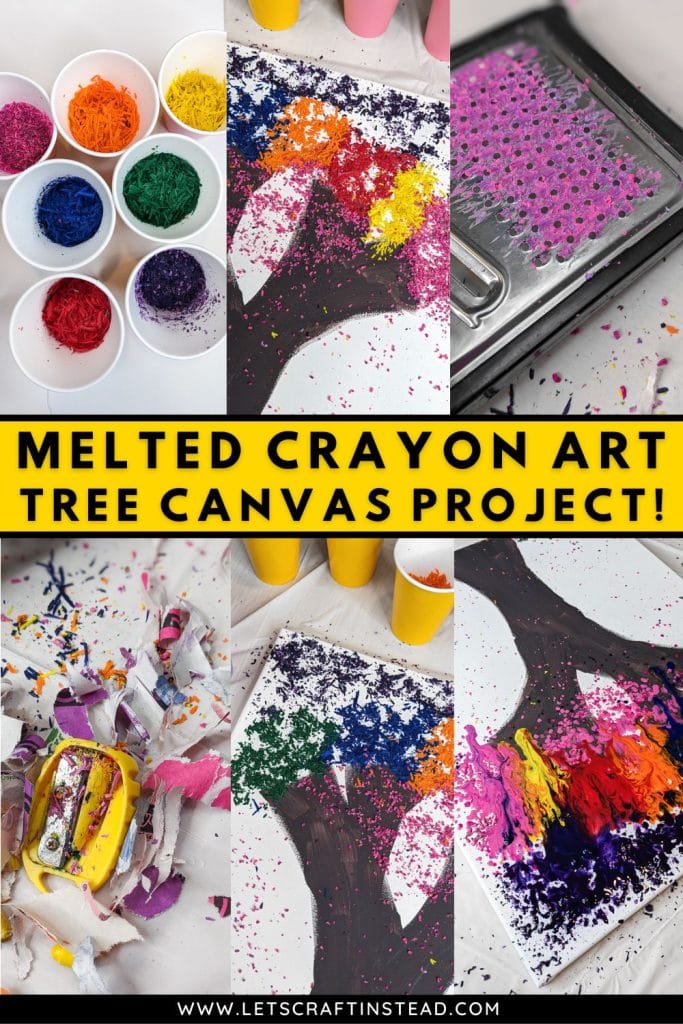 collage that says melted crayon art tree canvas projects with pictures of the process