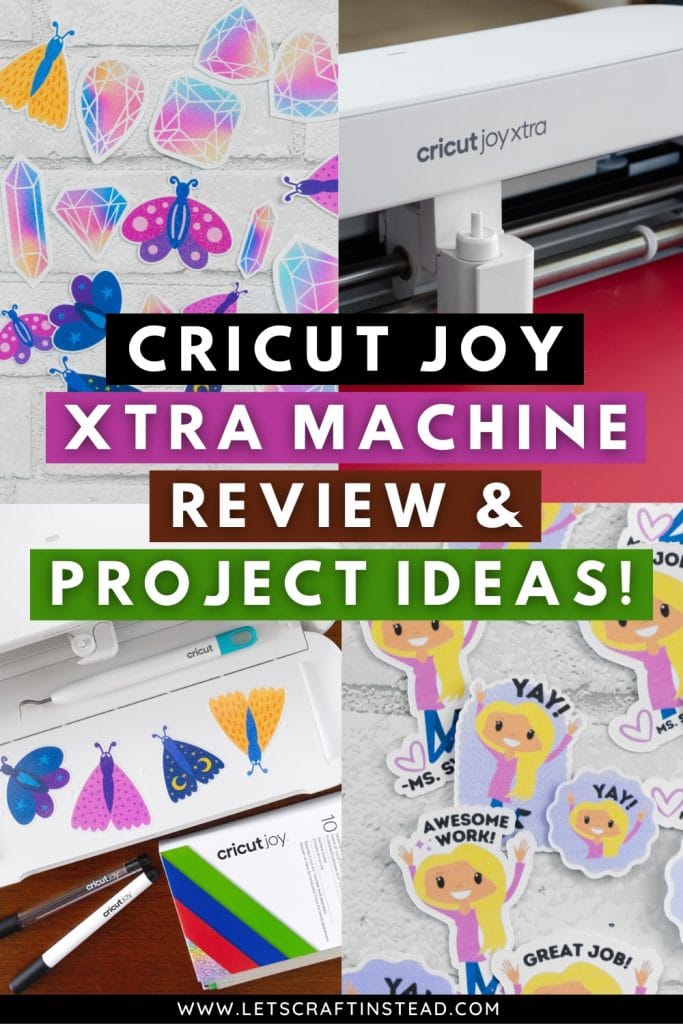 collage that says cricut joy xtra machine review & project ideas with pictures of the machine and stickers