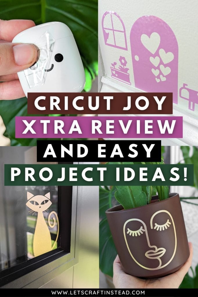 collage that says cricut joy xtra review and easy project ideas with pictures of decals made on the machine