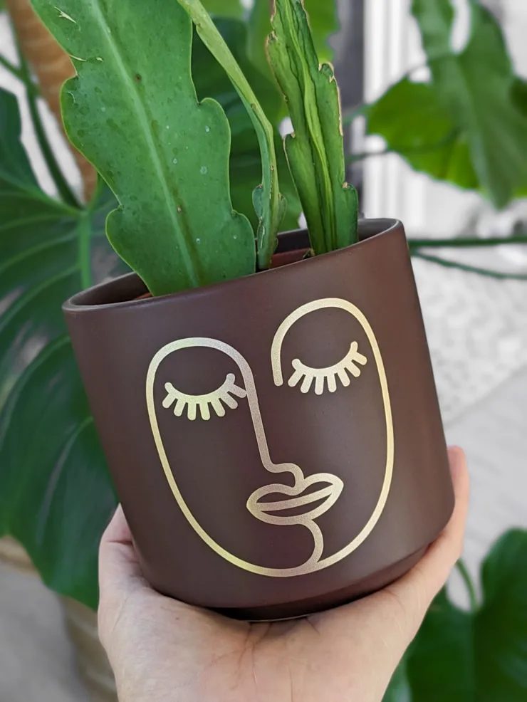 artsy gold face decal on a brown plant pot