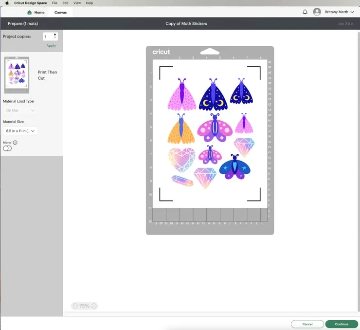 screenshot of Design Space with stickers laid out