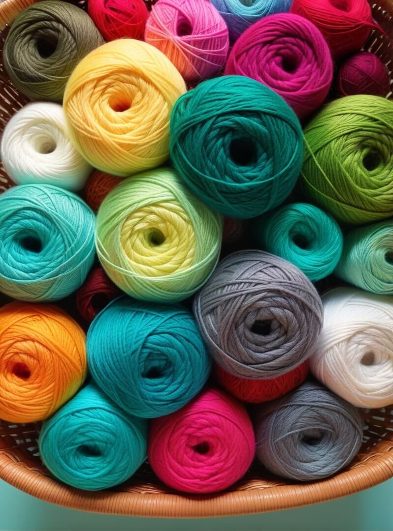 Balls of yarn in green, yellow, blue and cream
