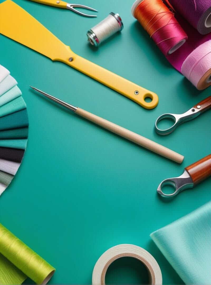Scissors and sewing tools on a teal work surface