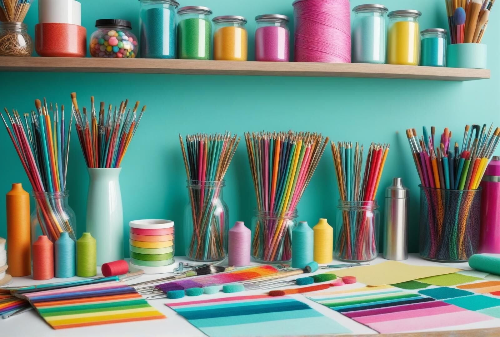 A colourful craft table with paper, brushes and supplies