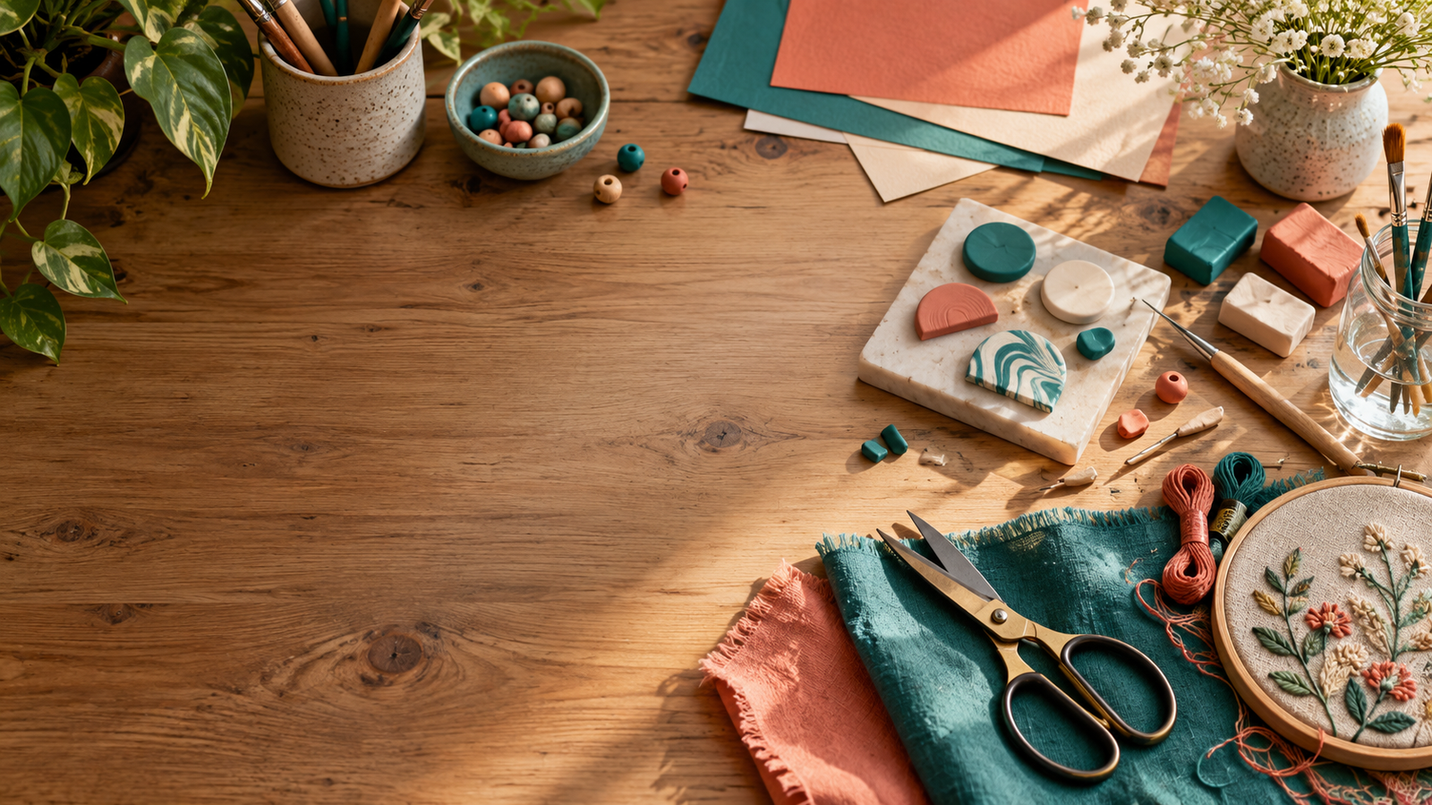 Paper, fabric, thread and craft tools arranged on a worktable