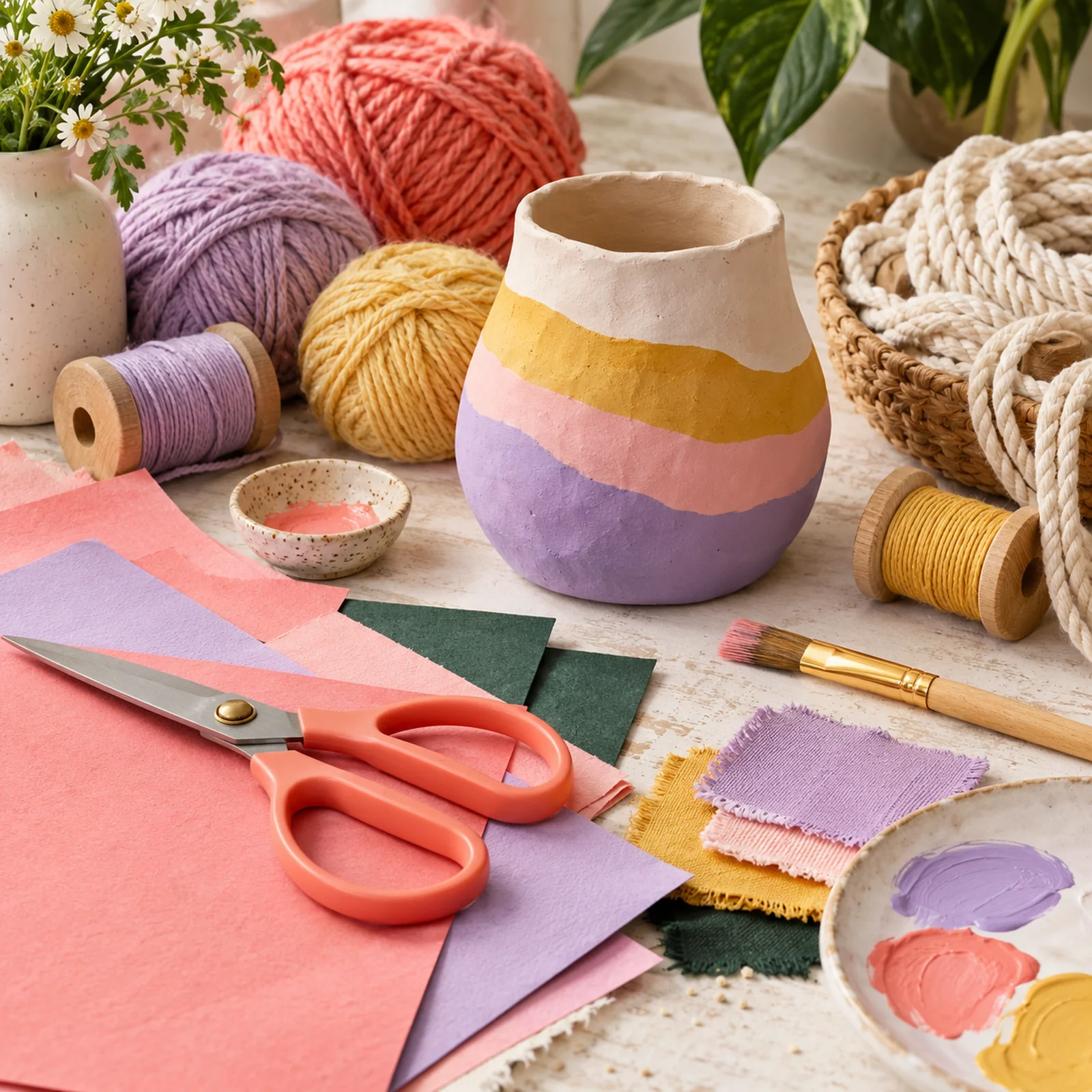 Colorful craft supplies flatlay with scissors, yarn, paper and a painted vessel